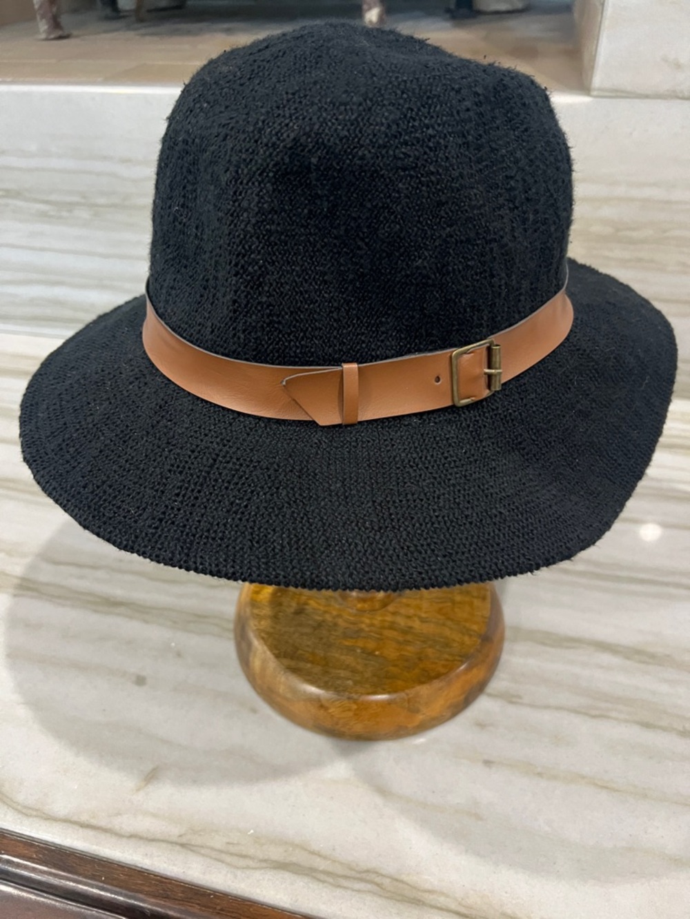 Black Raffia Bucket Hat with Tan Buckle Band